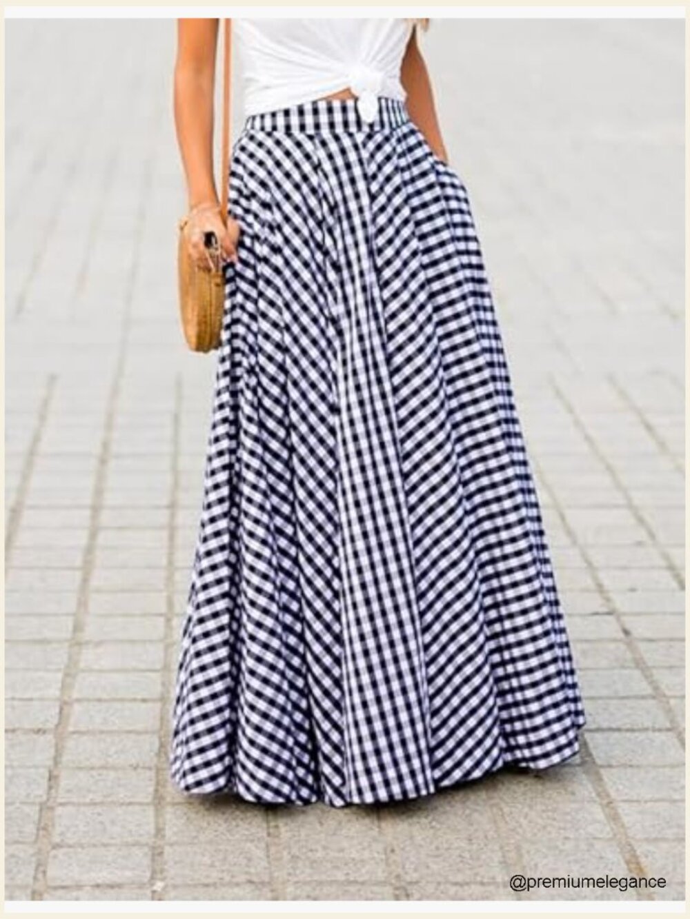 Gingham Maxi Skirt High Waist Pleated A-Line Flowy Checkered Skirt Summer - Picture 2 of 7